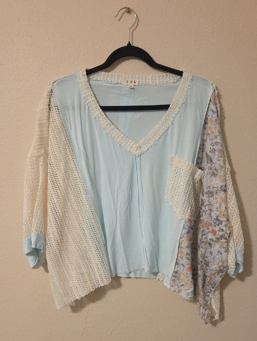 POL Mixed-Media Short Sleeve Top in Light Blue, Cream, Floral